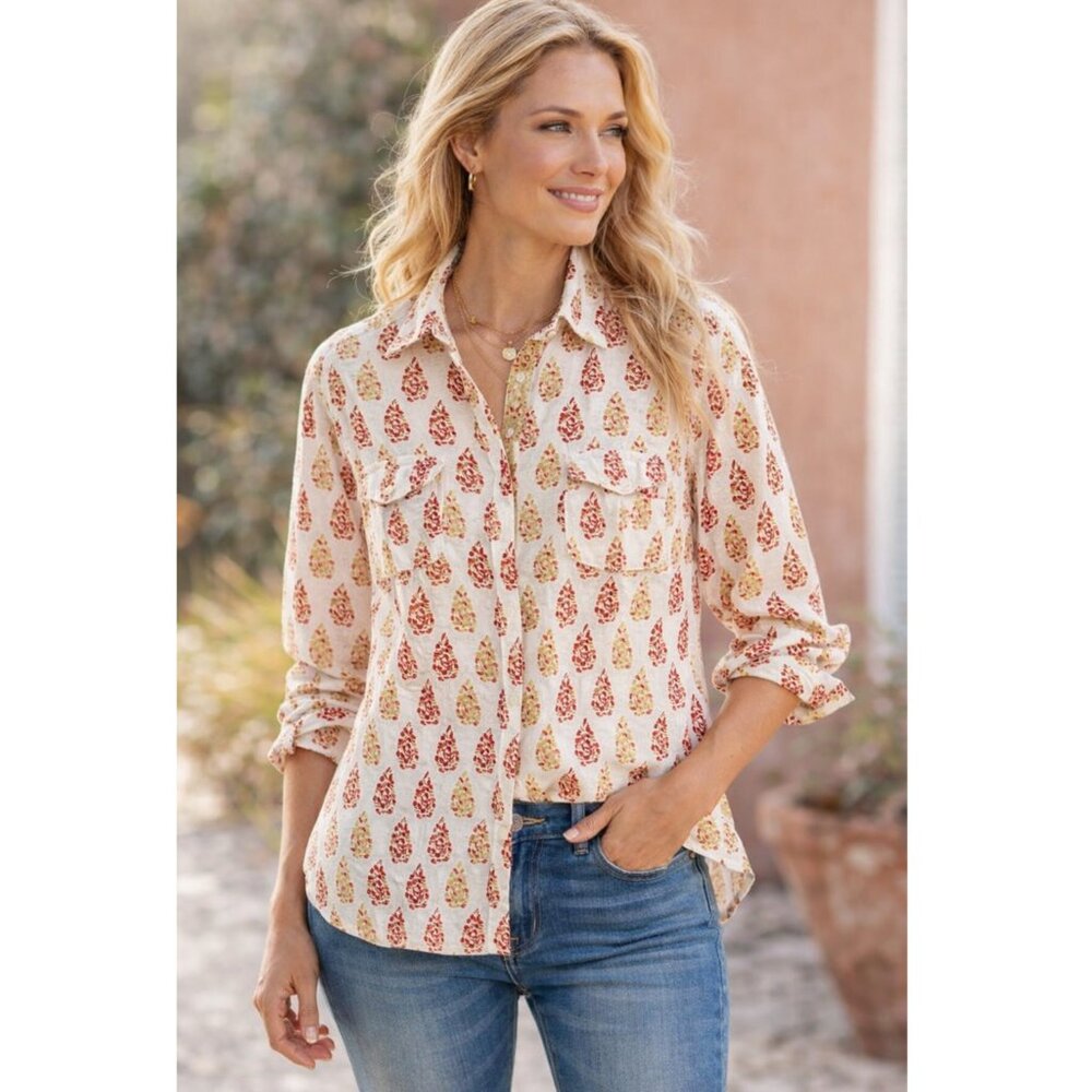 Creme Fraiche Melissa Luxury Resort Top Shirt Button-up Cotton size M Bohemian
